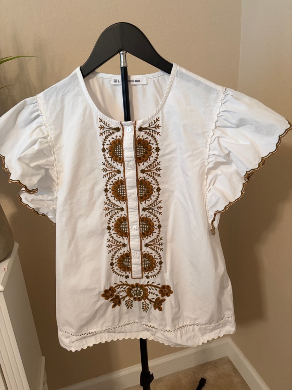 Sfera White Blouse with Brown-Gold Floral Embroidery